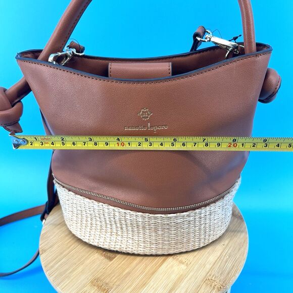 Nanette Lepore Reese Bucket Rattan Bottom Vegan Leather Bag Purse Brown/Tan - Picture 6 of 14